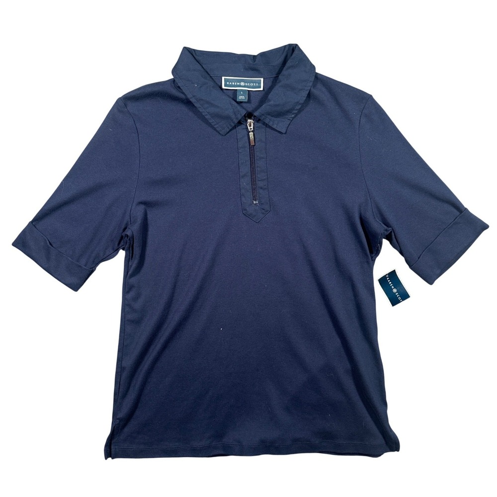 Karen Scott Polo Shirt Men Large Navy Blue New Quarter Zip Cotton Short Sleeve